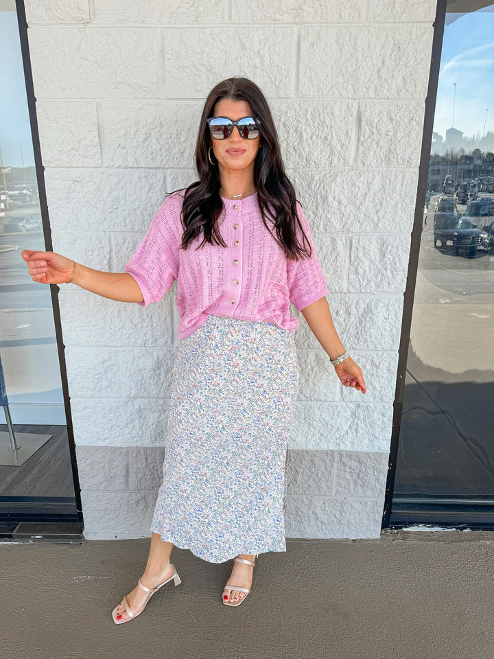 spring floral satin midi skirt