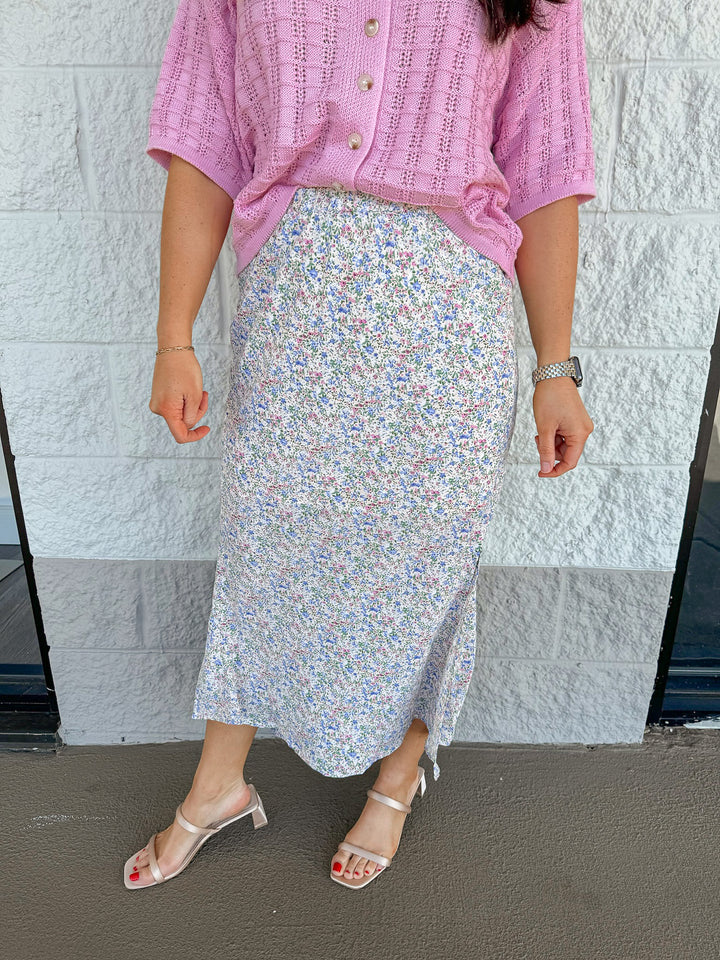 spring floral satin midi skirt