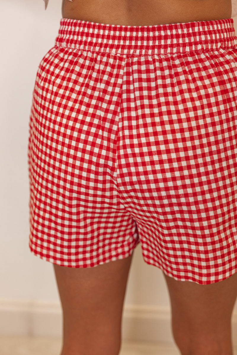 red white gingham stretch waist shorts