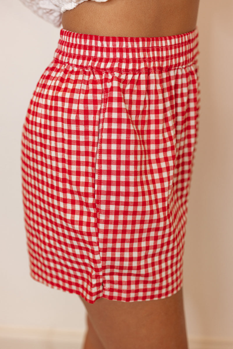 red white gingham stretch waist shorts