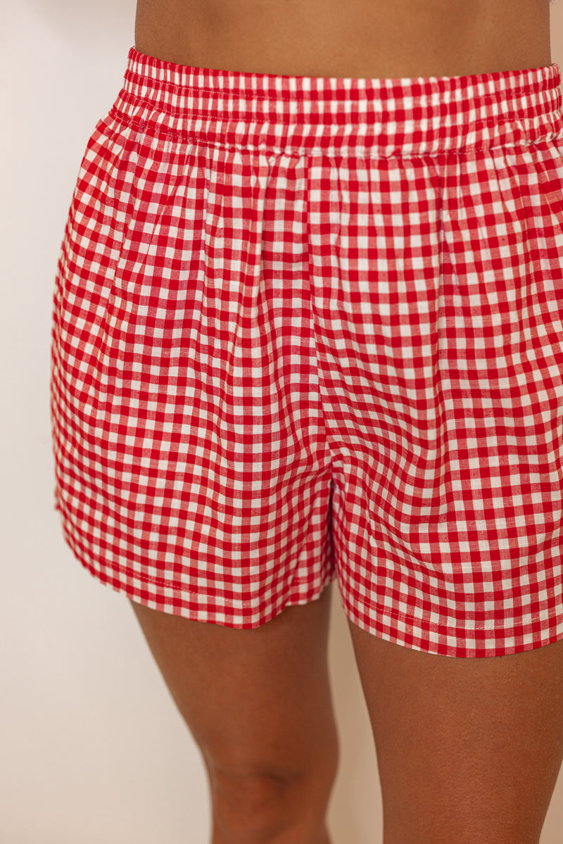 red white gingham stretch waist shorts
