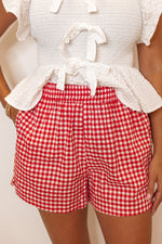 red white gingham stretch waist shorts