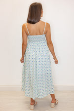 blue floral bow midi dress