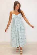 blue floral bow midi dress