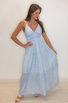 blue white floral beachy maxi dress