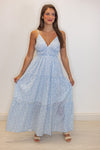 blue white floral beachy maxi dress