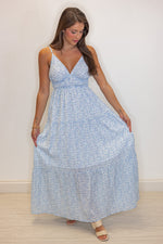 blue white floral beachy maxi dress