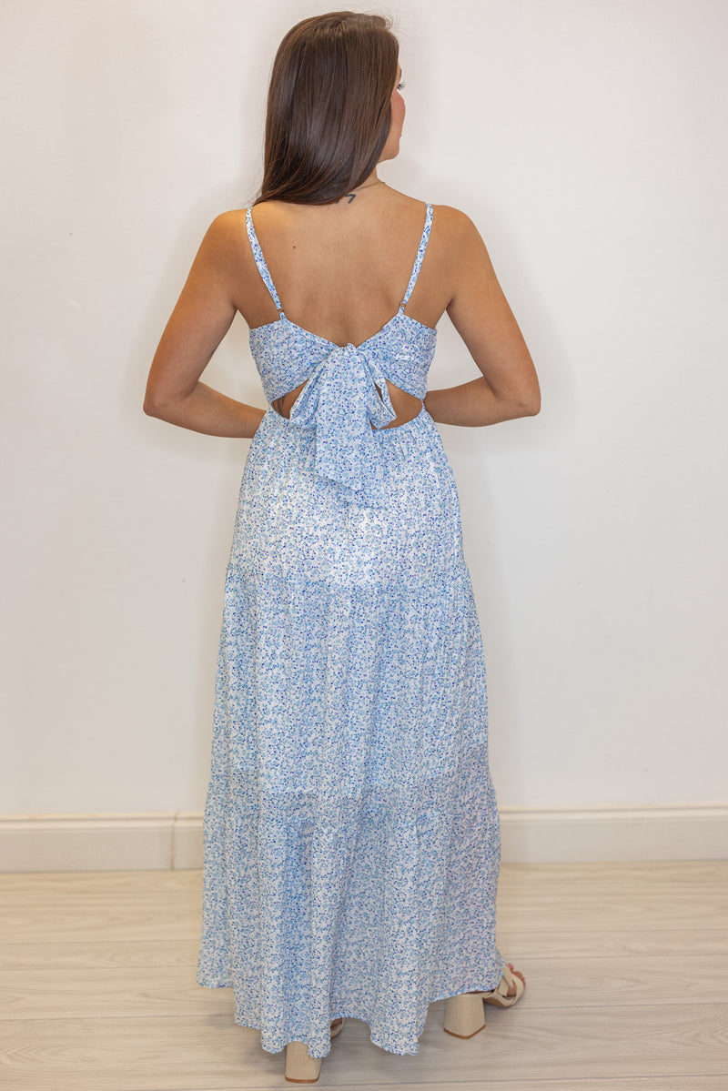 blue white floral beachy maxi dress