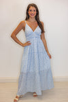 blue white floral beachy maxi dress