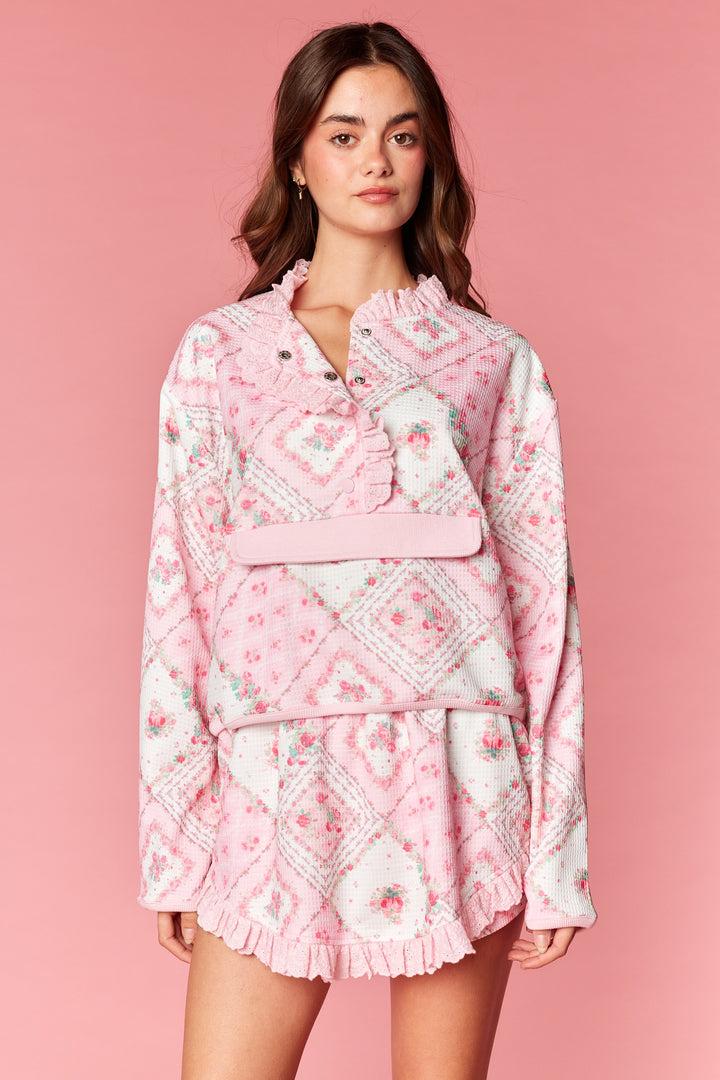 fancy dainty floral print matching skort set pullover top