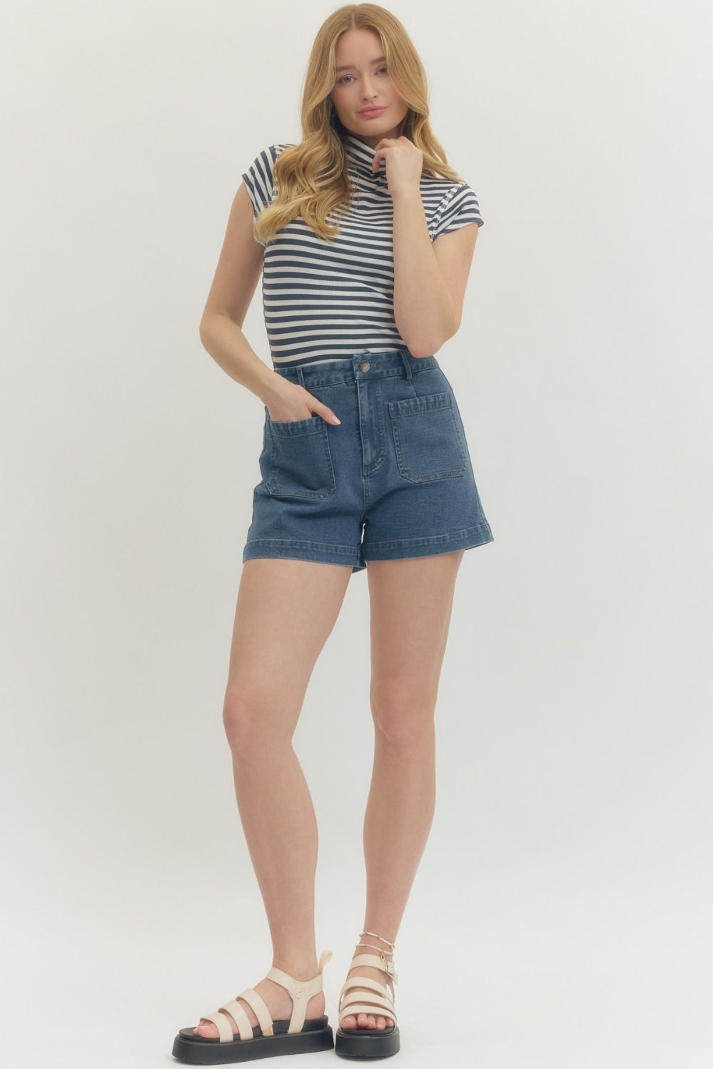 Women's dark washed blue denim shorts by Entro front pockets