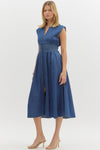 Entro plus Dark blue washed midi dress with zipper front and a smocked waist