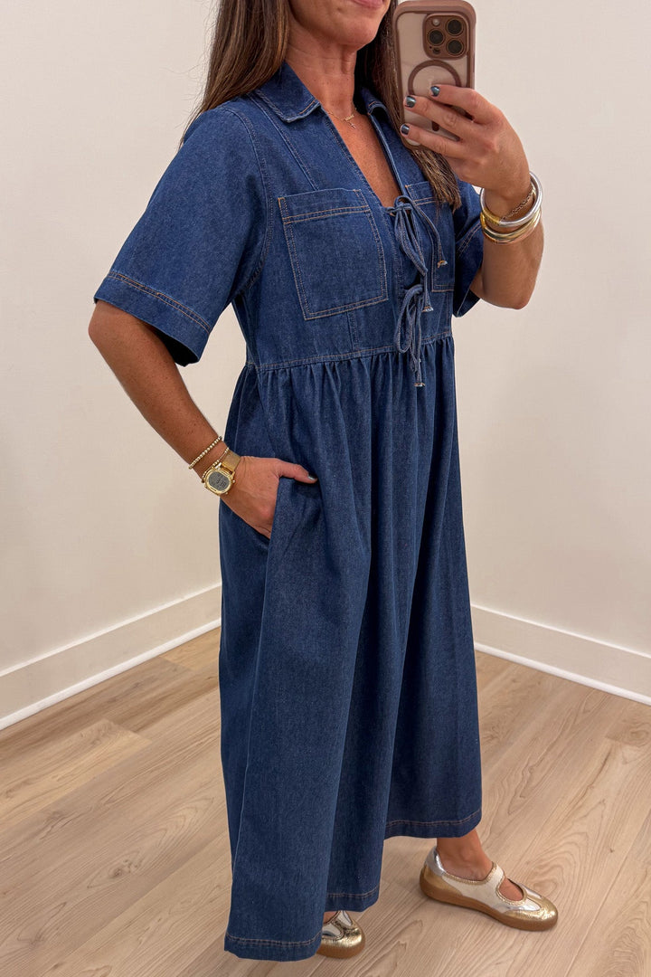 solid dark blue wash denim v neckline bow tie bodice short sleeve midi dress with side pockets