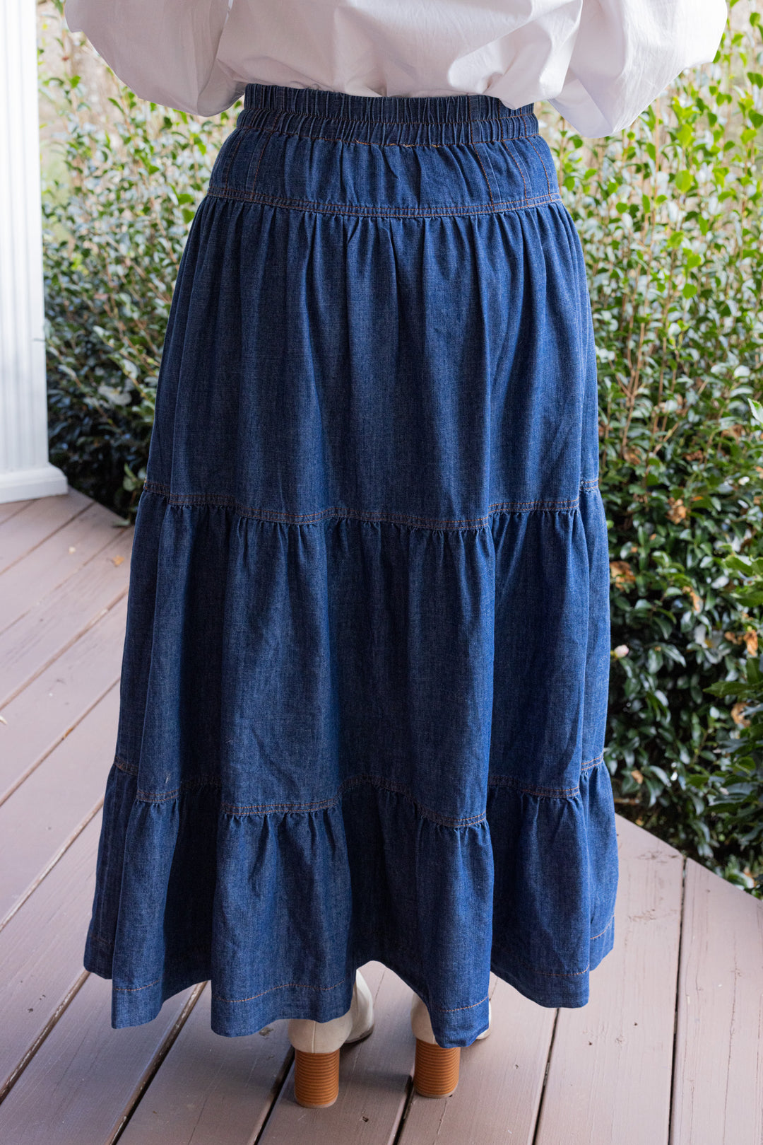 Dark denim maxi skirt by Peach Love California showing up close back view