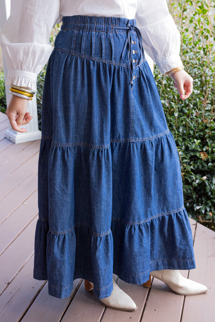 Dark denim maxi skirt by Peach Love California showing up close angled front view