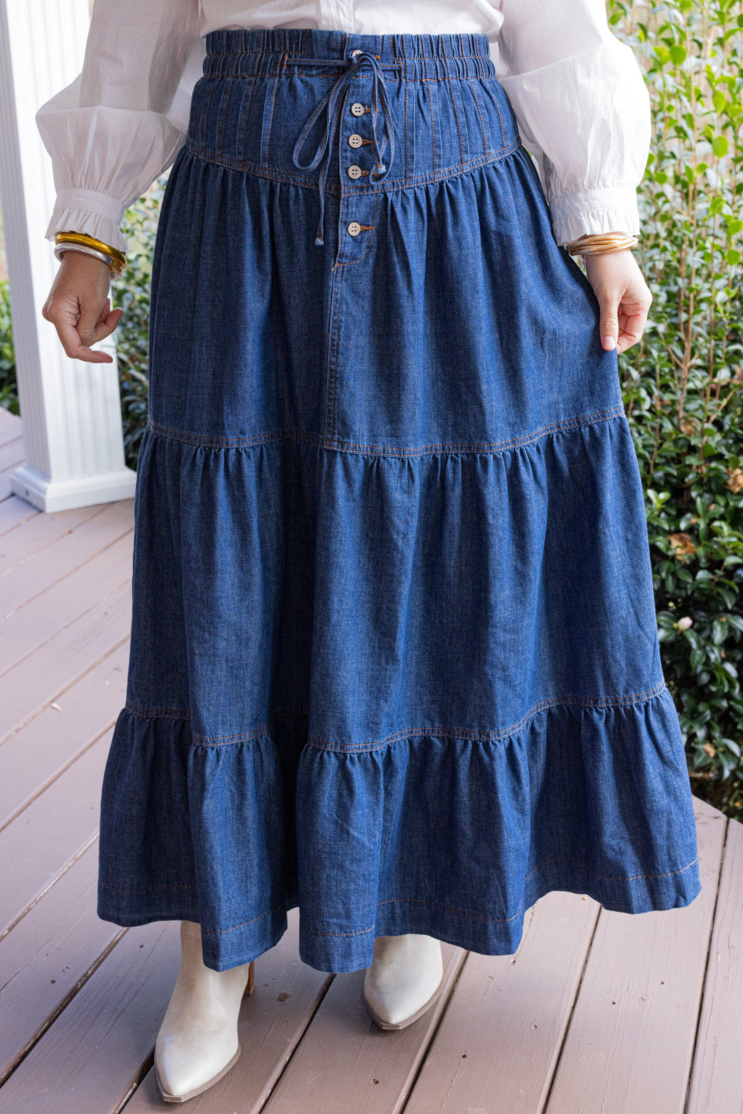 Dark denim maxi skirt by Peach Love California showing up close front view