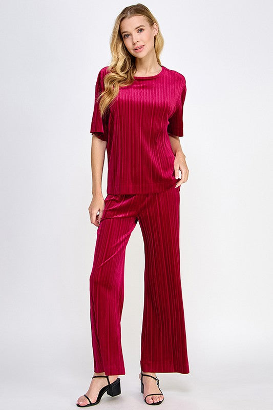 See And Be Seen dark red pleated velvet wide leg pants