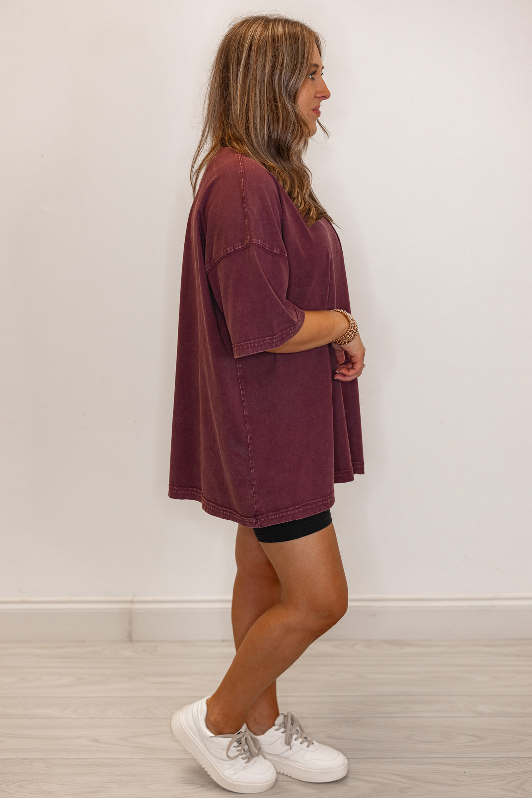 Women's mineral washed eggplant purple oversized tee by Easel showing full side view
