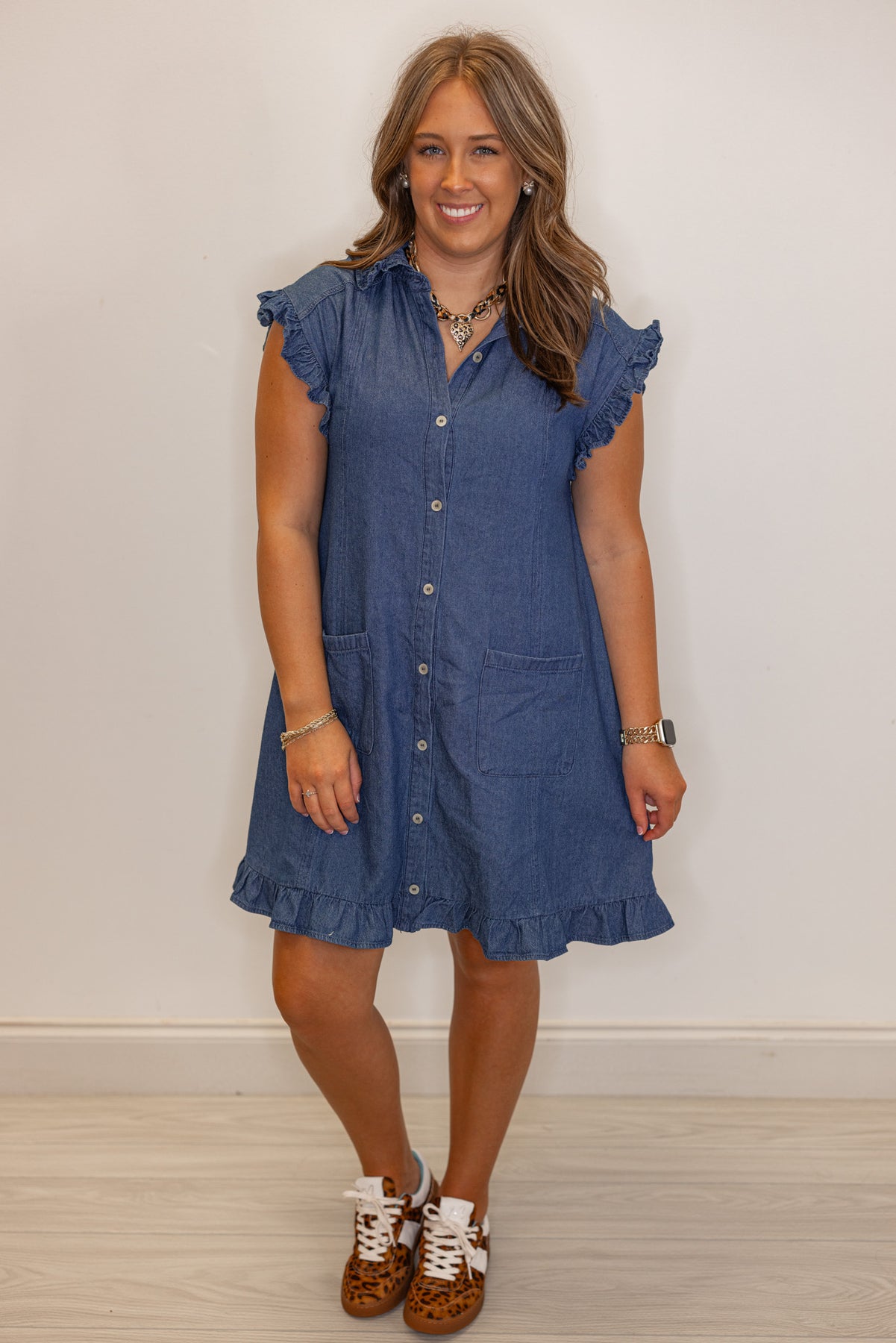 Dark Blue Denim Ruffle Trim Dress | Purple Door Boutique
