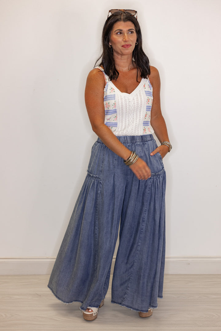 Palazzo style wide leg chambray denim pants in dark blue by Easel