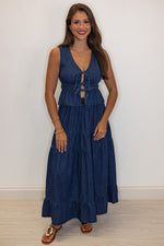 cotton dark denim tiered maxi skirt