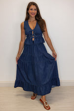 cotton dark denim tiered maxi skirt