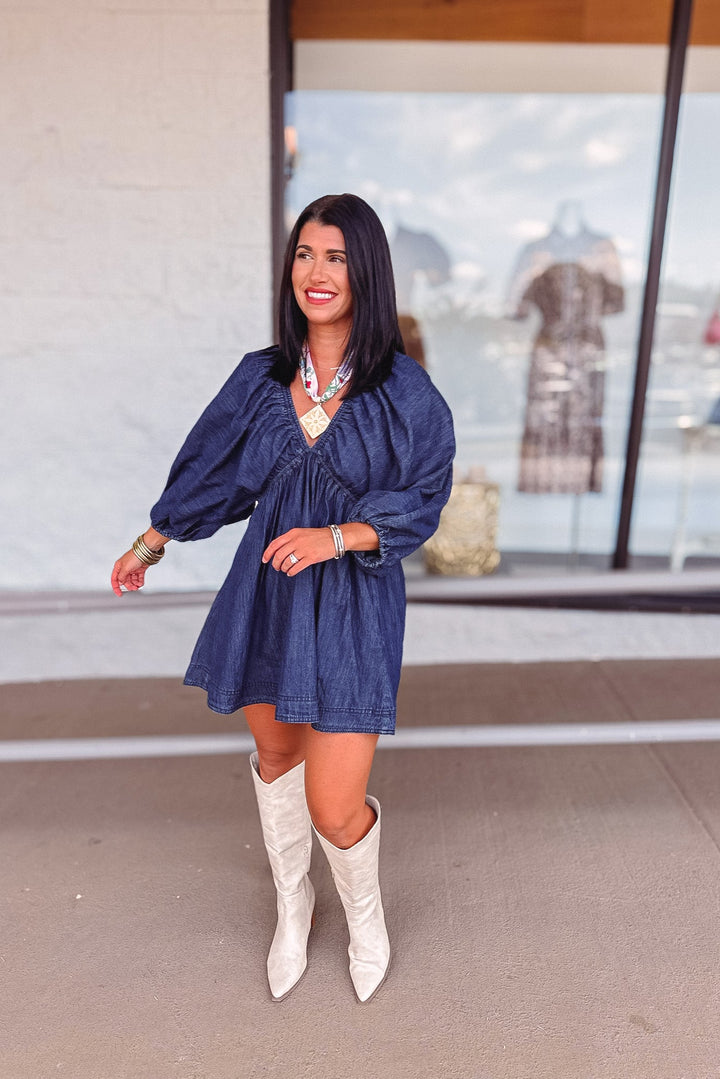 women's dark denim babydoll mini dress paired with Tilly scarf necklce