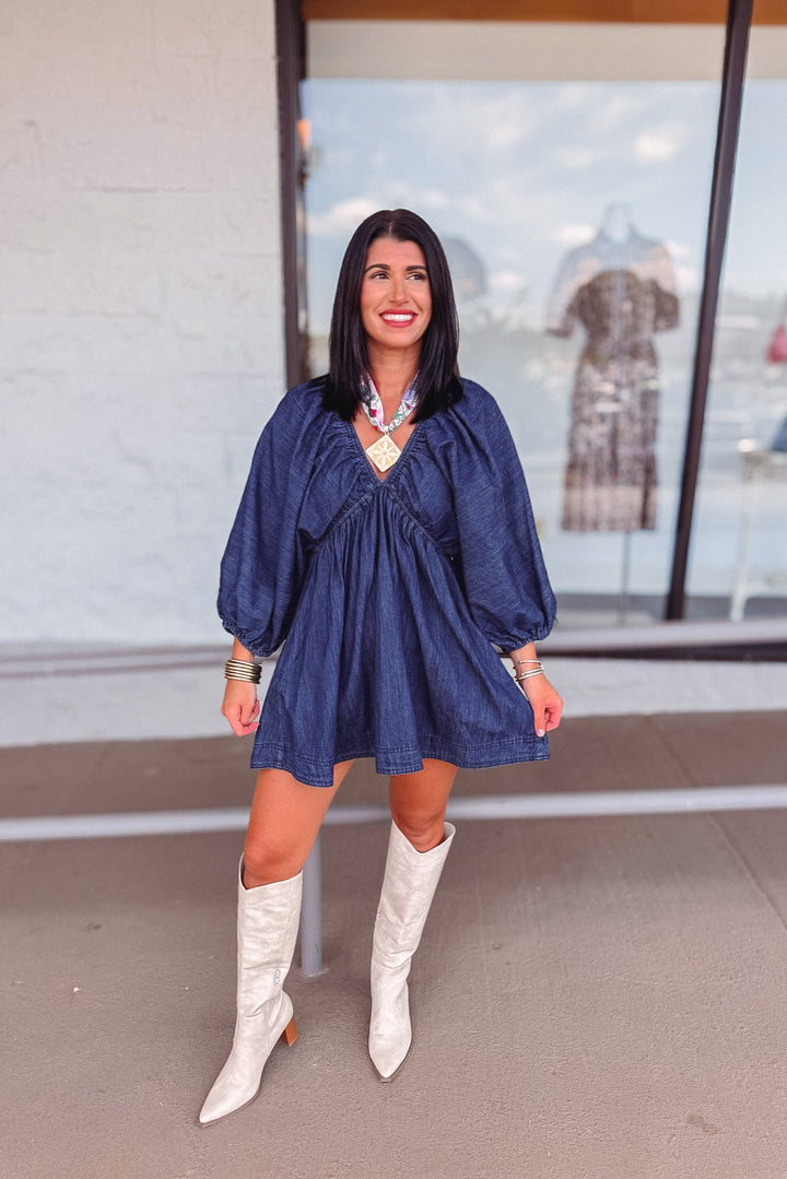 dark blue denim babydoll mini dress with knee high boots