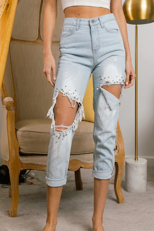 pearl embellished distressed denim jeans