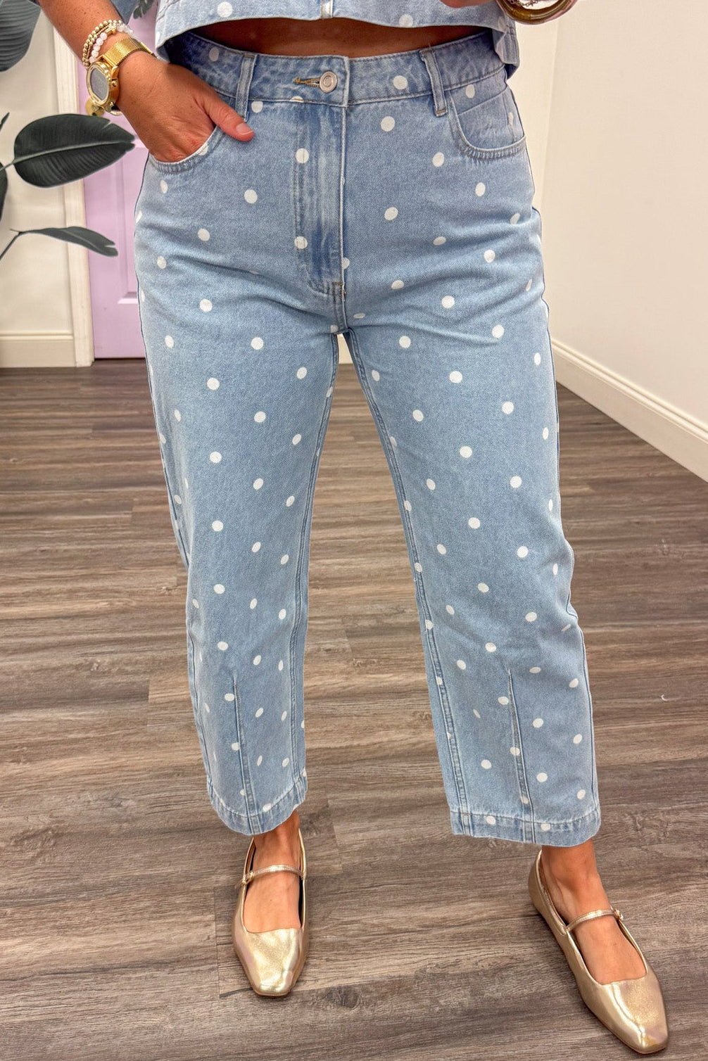 Washed Blue Denim Polka Dot Pants With Tapered Legs – Purple Door