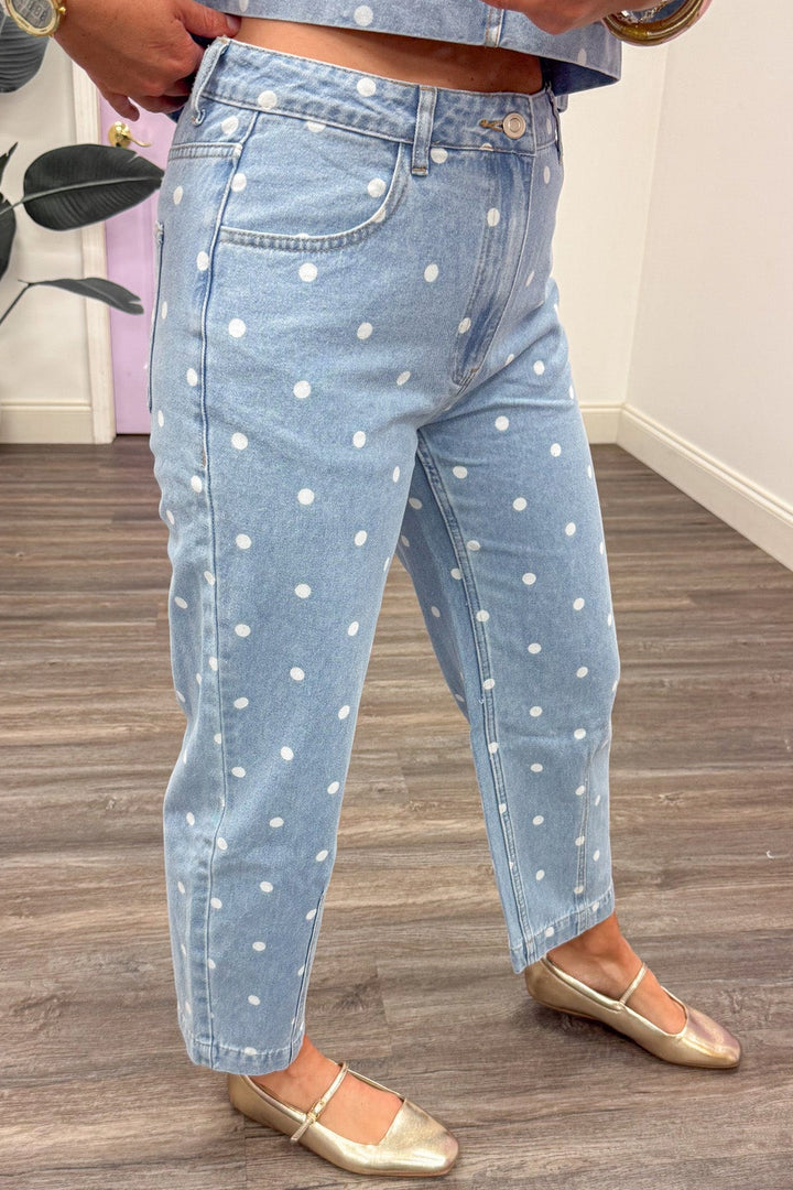 washed blue denim with white polka dot print 5 pocket cropped leg pant