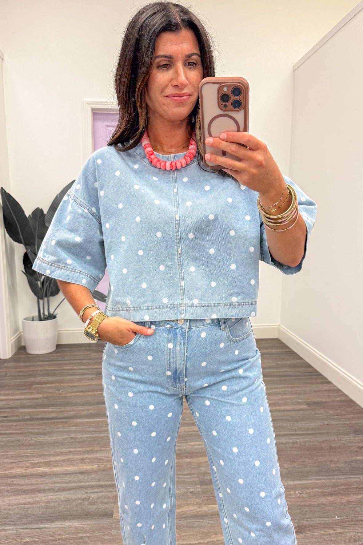 Washed Blue Denim Polka Dot Top – Purple Door Boutique