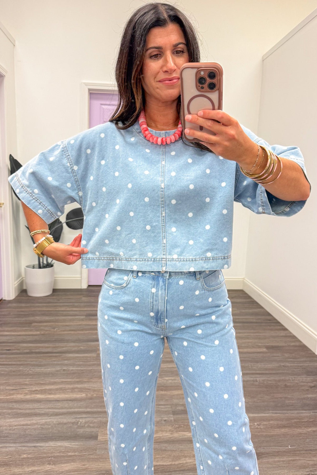 Washed Blue Denim Polka Dot Top – Purple Door Boutique