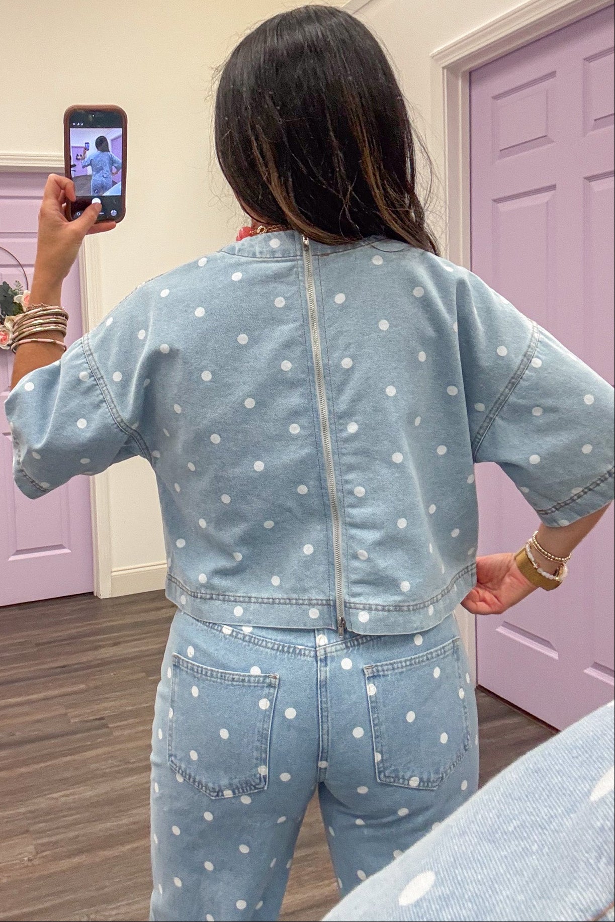 Washed Blue Denim Polka Dot Top – Purple Door Boutique