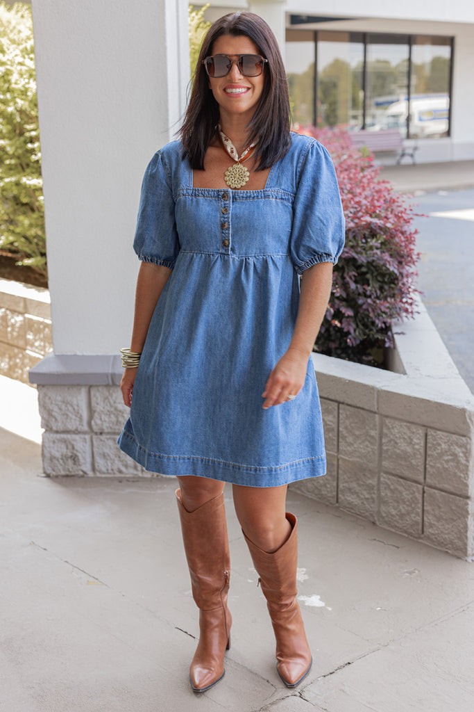 knee length dresses for ladies Blue Denim Puff Sleeve Dress