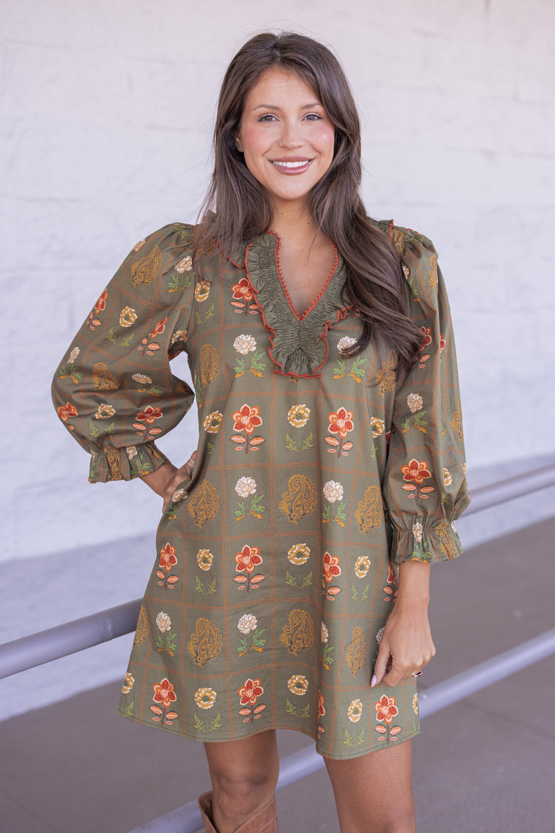 Women's Olive Floral Border Print Dress With Orange Trim Small Women's Olive Floral Border Print Dress With Orange Trim Small