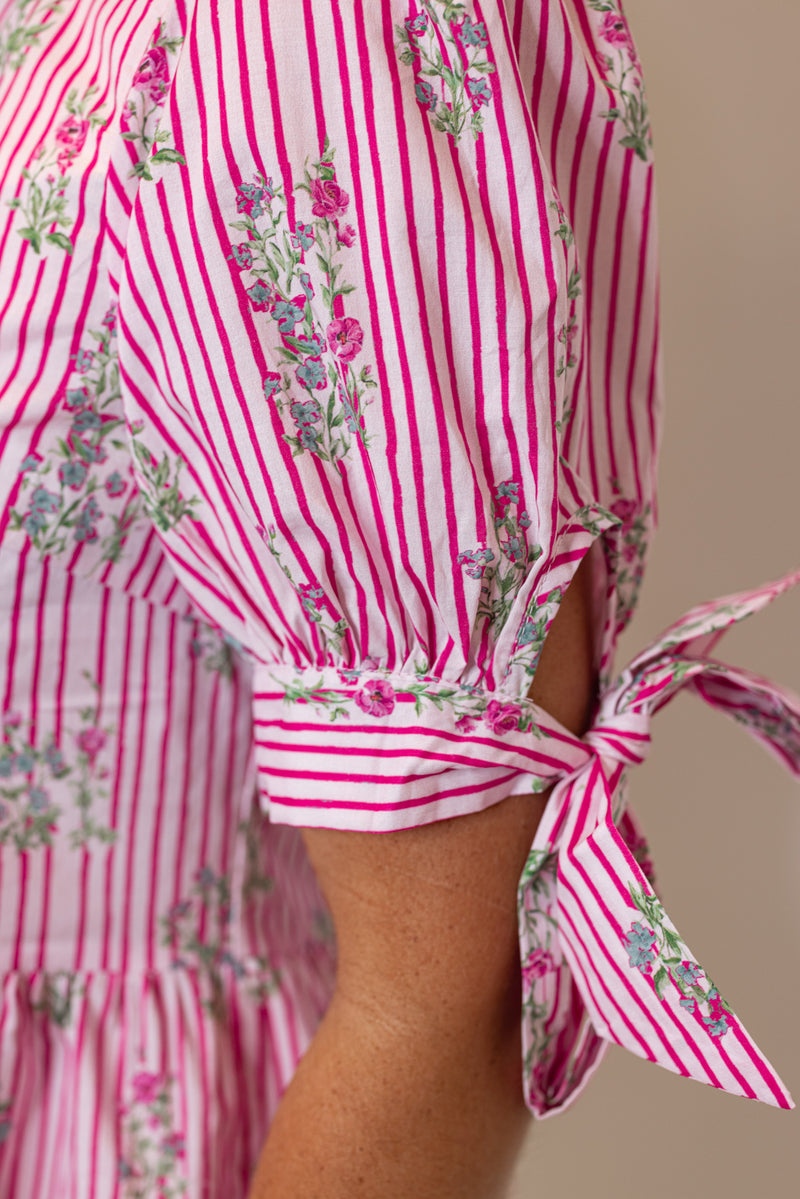 entro pink striped floral scalloped hem top