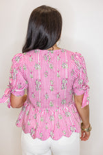 entro pink striped floral scalloped hem top