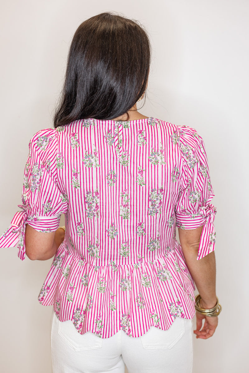 entro pink striped floral scalloped hem top