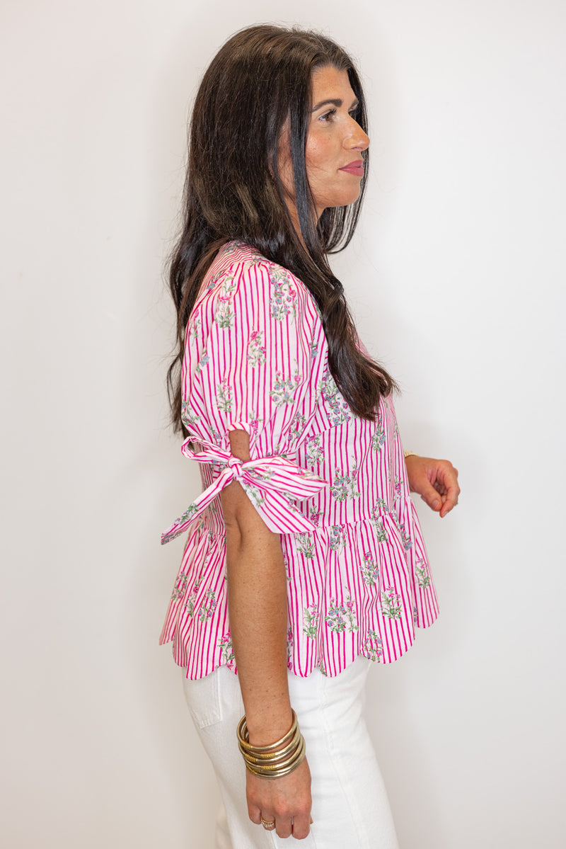 entro pink striped floral scalloped hem top