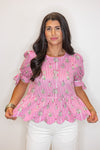 entro pink striped floral scalloped hem top