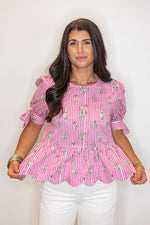 entro pink striped floral scalloped hem top