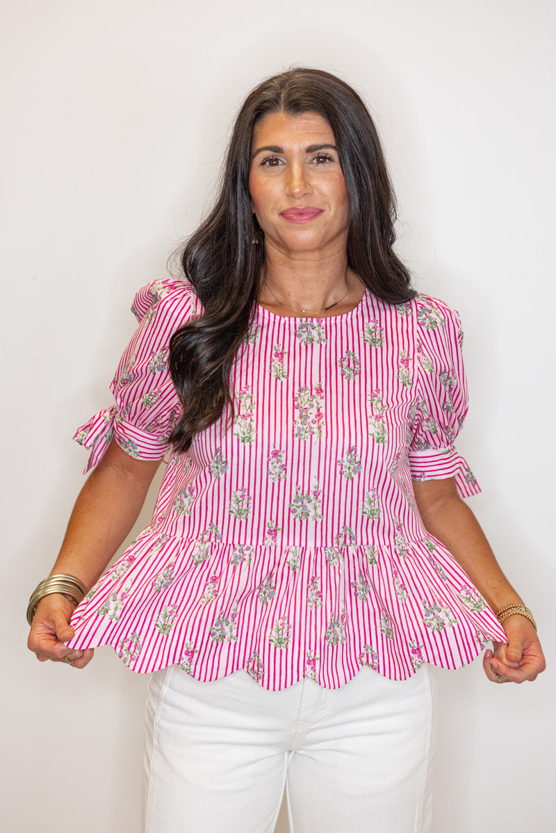 entro pink striped floral scalloped hem top