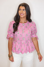 entro pink striped floral scalloped hem top