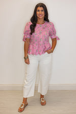 entro pink striped floral scalloped hem top