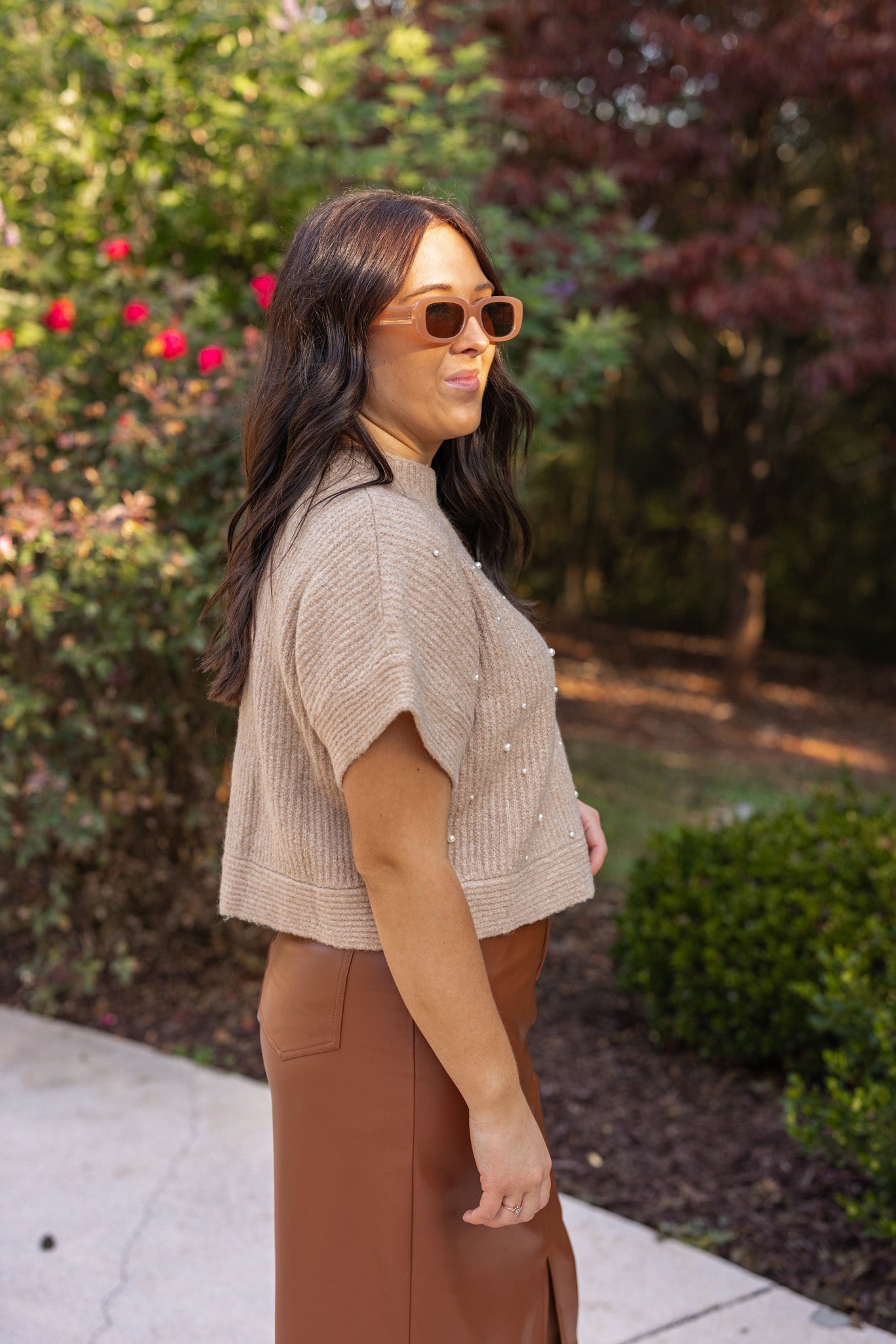 Taupe Short Sleeve Sweater Top With Pearls | Purple Door