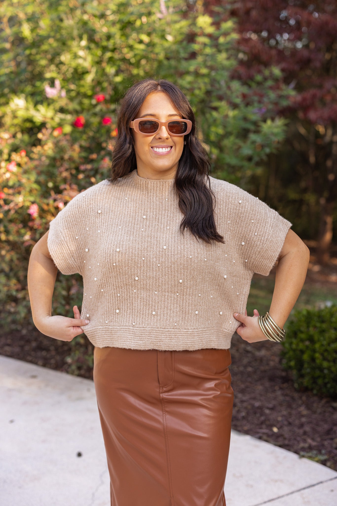 Taupe Short Sleeve Sweater Top With Pearls | Purple Door