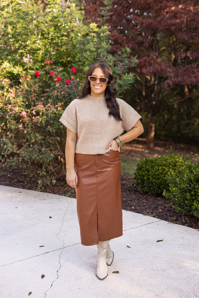 Caramel Faux Leather Midi Skirt | Purple Door Boutique | Commerce GA
