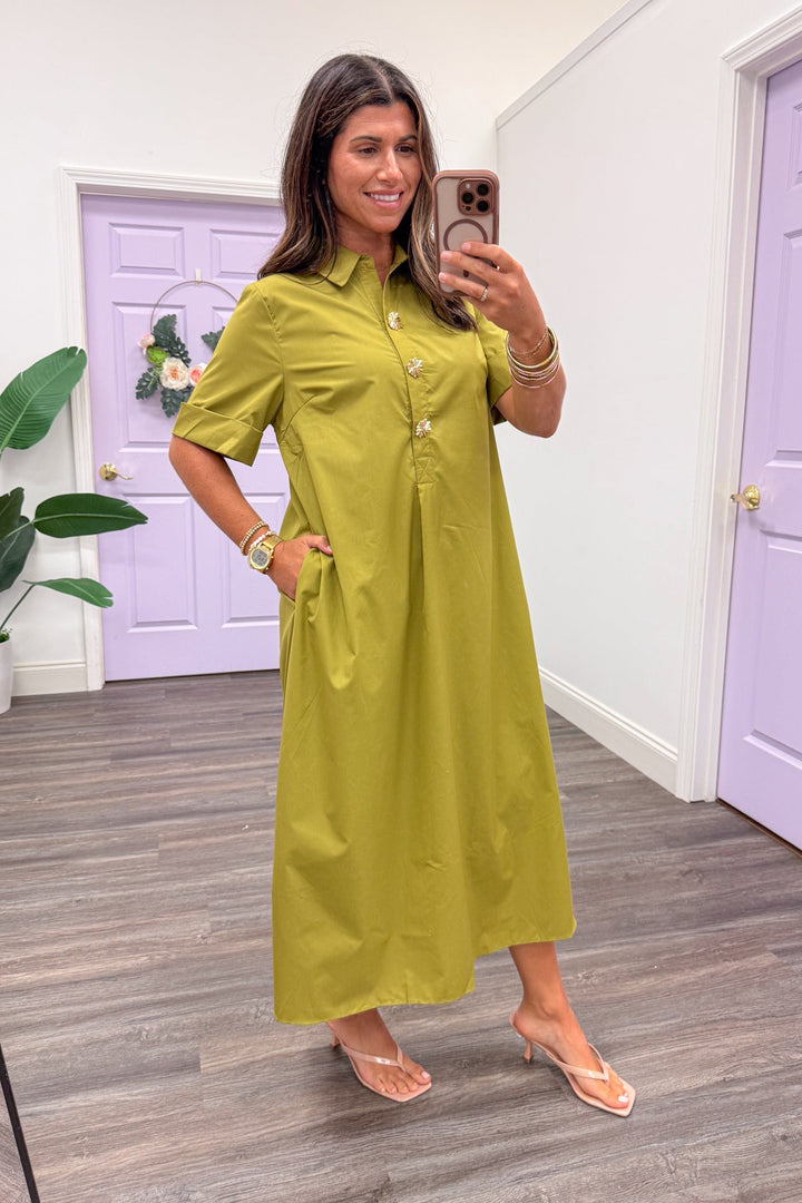 short sleeve chartreuse cotton midi dress with gold embellished buttons and collar neckline