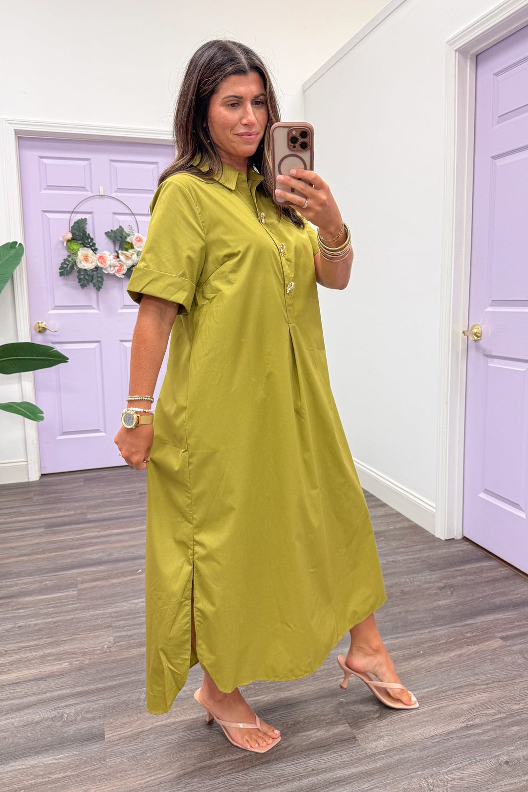 midi loose dress Rust Linen with Fit and Button Front Olive Midi Dress With Gold